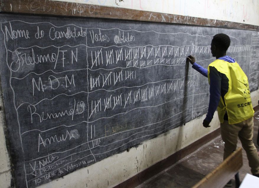 FILE -- In this Tuesday, Oct. 15, 2019 file photo, vote counting takes place after the polling station closed in Maputo, Mozambique. Mozambique's president and ruling Frelimo party seem to be heading for an overwhelming victory according to preliminary results released Thursday Oct. 24, 2019, as the opposition and some observers allege the election was marked by intimidation, ballot stuffing and flawed vote counting. (AP Photo/Ferhat Momade/File)