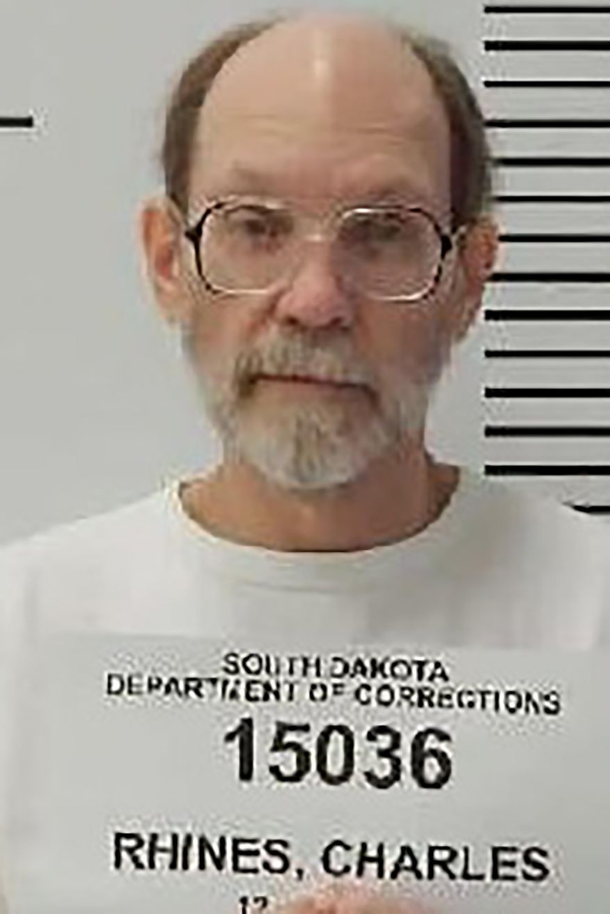 This Dec. 31, 2017 photo provided by the South Dakota Department of Corrections shows Charles Rhines at the South Dakota State Penitentiary in Sioux Falls. Rhines, a convict scheduled to be executed in November 2019 in South Dakota for a 1992 fatal stabbing is taking issue with the state's choice of the drug that will take his life. He is asking the state to follow the law on lethal injections at the time he was sentenced to death in 1993 when a protocol of an ultra-short-acting lethal drug and a chemical paralytic were used. Rhines was convicted of killing 22-year-old Donnivan Schaeffer while burglarizing a doughnut shop.(South Dakota Department of Corrections via AP)