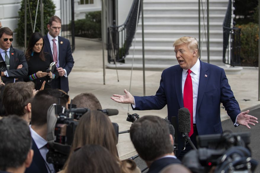 President Donald Trump speaks to reporters as leaves the White House, Friday, Oct. 25, 2019 in Washington, to travel to South Carolina. (AP Photo/Manuel Balce Ceneta)