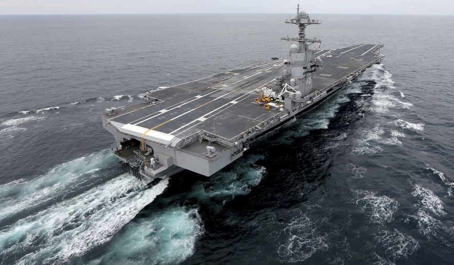 The aircraft carrier Gerald R. Ford. The nation’s newest aircraft carrier has headed out to sea for more tests after it underwent a series of upgrades and fixes at a Virginia shipyard. (Steve Earley/The Virginian-Pilot via AP, File) **FILE**