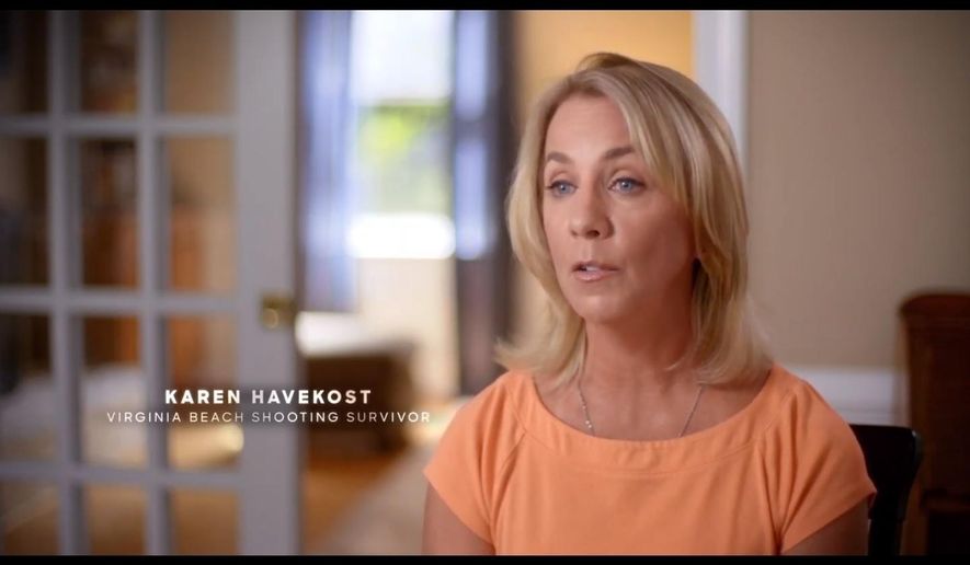 The screen grab provided by the Missy for Senate campaign, shows a photo of an ad featuring Virginia Beach shooting survivor Karen Havekost. The campaign for Democratic candidate Missy Cotter Smasal began airing the ad "Karen" as she runs for Virginia state Senate. The TV spot quotes a woman who survived the Virginia Beach mass shooting in May and claims Republican incumbent Bill DeSteph hasn't done enough on gun control in the shooting's wake. (Missy for Senate)