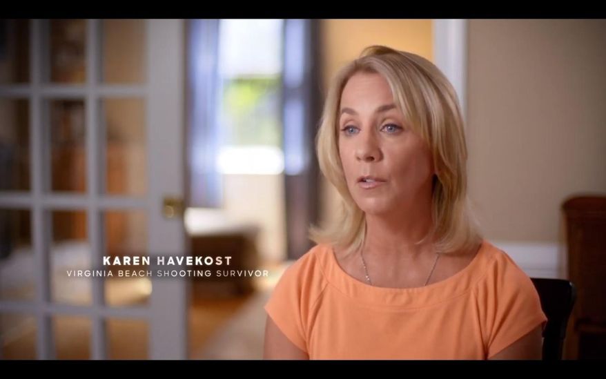 The screen grab provided by the Missy for Senate campaign, shows a photo of an ad featuring Virginia Beach shooting survivor Karen Havekost. The campaign for Democratic candidate Missy Cotter Smasal began airing the ad "Karen" as she runs for Virginia state Senate. The TV spot quotes a woman who survived the Virginia Beach mass shooting in May and claims Republican incumbent Bill DeSteph hasn't done enough on gun control in the shooting's wake. (Missy for Senate)
