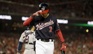 Washington Nationals&#39; Trea Turner reacts after striking out against the Houston Astros during the sixth inning of Game 4 of the baseball World Series Saturday, Oct. 26, 2019, in Washington. (AP Photo/Jeff Roberson) ** FILE **