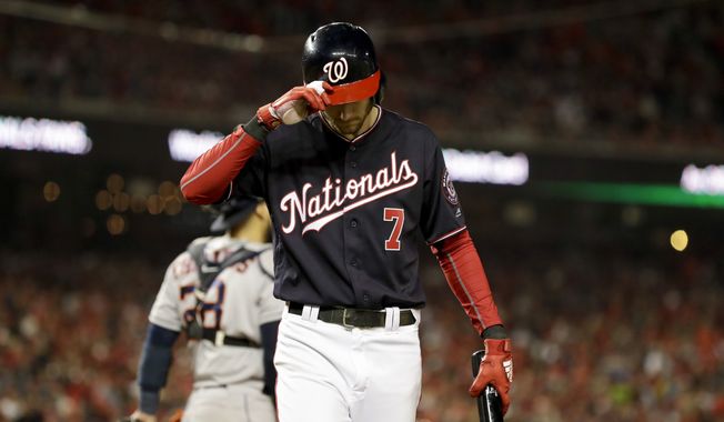 Washington Nationals&#x27; Trea Turner reacts after striking out against the Houston Astros during the sixth inning of Game 4 of the baseball World Series Saturday, Oct. 26, 2019, in Washington. (AP Photo/Jeff Roberson) ** FILE **