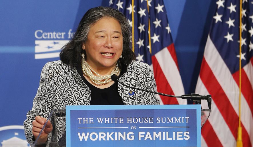 In this June 23, 2014, file photo, Tina Tchen, chief of staff to first lady Michelle Obama, speaks at the White House Summit on Working Families at a hotel in Washington. Time&#39;s Up has called on NBC Universal to release all former employees from non-disclosure agreements that might be preventing them from speaking out about sexual misconduct. Tchen, incoming president and CEO of Time&#39;s Up, says NBC Universal didn&#39;t go far enough with its statement, first reported by MSNBC&#39;s Rachel Maddow on Friday, Oct. 25, 2019, that employees should contact the company in order to be released from any &amp;quot;perceived obligation&amp;quot; to remain quiet. She says NBC should simply state that everyone is free to speak without fear of retaliation. (AP Photo/Charles Dharapak, File)