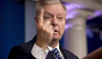 In this file photo, Sen. Lindsey Graham, R-S.C., speaks in the Briefing Room of the White House in Washington, Sunday, Oct. 27, 2019, following an announcement from President Donald Trump that Islamic State leader Abu Bakr al-Baghdadi has been killed during a U.S. raid in Syria. (AP Photo/Andrew Harnik) **FILE**