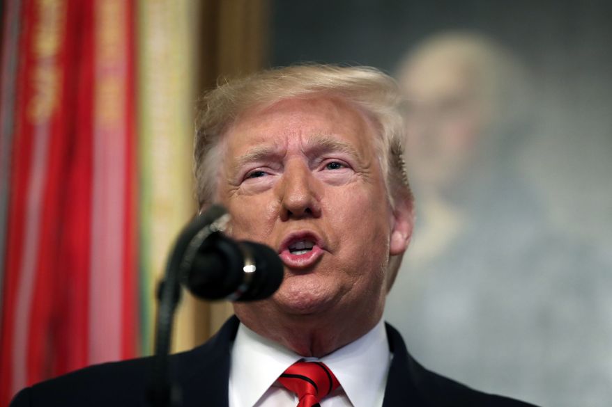 President Donald Trump speaks in the Diplomatic Room of the White House in Washington, Sunday, Oct. 27, 2019. (AP Photo/Andrew Harnik)