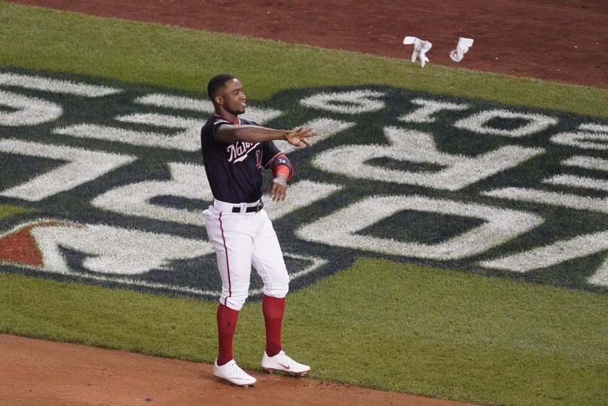 Washington Nationals&#39; Victor Robles reacts after striking out during the seventh inning of Game 5 of the baseball World Series against the Houston Astros Sunday, Oct. 27, 2019, in Washington. (AP Photo/Pablo Martinez Monsivais)