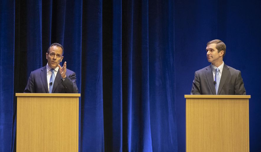FILE - In a Tuesday, Oct. 15, 2019 file photo, Republican Gov. Matt Bevin, left, and Democratic Attorney General Andy Beshear participate in a debate on the University of Kentucky campus in Lexington, Ky. In a Saturday, Oct. 26, 2019 debate, Gov. Matt Bevin denied claiming in a radio interview months ago that suicides happen on a nightly basis in casinos and challenged his Democratic opponent to produce a tape proving him wrong. Beshear responded that Bevin’s remarks are on tape. Beshear’s campaign produced the audiotape Sunday in a social media post.(Ryan C. Hermens/Lexington Herald-Leader via AP, Pool, File)