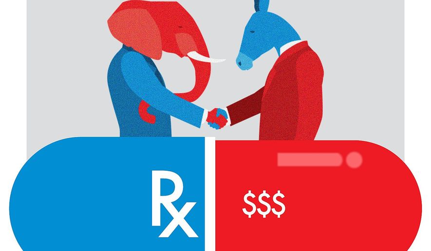 Illustration on bipartisan prescription drug policy by Linas Garsys/The Washington Times