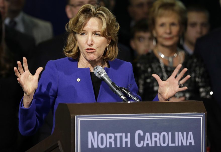 FILE - In this Nov. 4, 2014 file photo, Sen. Kay Hagan, D-N.C., gives her concession speech during an election night rally in Greensboro, N.C. Hagan. Family of former U.S. Sen. Kay Hagan issued a statement Monday, Oct. 28, 2019 that said Hagan died unexpectedly Monday morning. She was 66.(AP Photo/Gerry Broome, File)