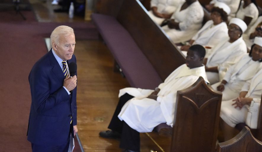 FILE - In this July 7, 2019 file photo, Democratic presidential candidate and former vice president Joe Biden speaks at Morris Brown AME Church in Charleston, S.C. A Catholic priest in South Carolina denied communion to Joe Biden over the weekend, a decision purportedly made over the former vice presidents stance on abortion. It illustrates the tricky challenge facing presidential candidates as they share their faith on the trail: How to balance the private and deeply personal values of their religions with a public campaign schedule that pushes them to authentically choose a side in polarizing moral debates? (AP Photo/Meg Kinnard, File)
