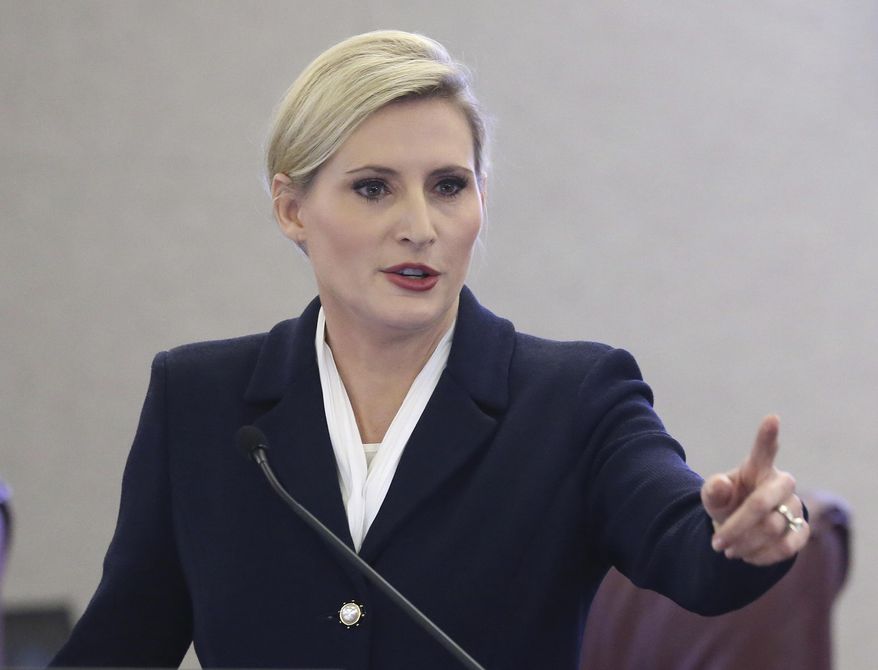 Florida secretary of state Laurel Lee speaks at pre-legislative news conference on Tuesday Oct. 29, 2019, in Tallahassee, Fla. Florida Gov. Ron DeSantis wants his state to set up a system that will require employers to verify the immigration status of job applicants. But it's unclear if that effort will get any traction among lawmakers, especially since a similar effort failed during the most recent legislative session earlier this year. (AP Photo/Steve Cannon)