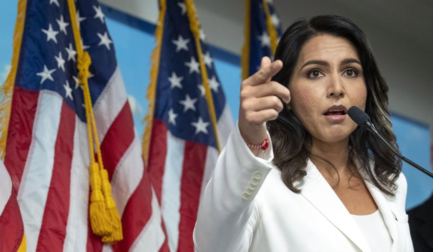 Then-Democratic presidential candidate U.S. Rep. Tulsi Gabbard, D-Hawaii, speaks during a news conference at the 9/11 Tribute Museum, Tuesday, Oct. 29, 2019, in New York. (AP Photo/Mary Altaffer) ** FILE **
