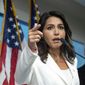 Then-Democratic presidential candidate U.S. Rep. Tulsi Gabbard, D-Hawaii, speaks during a news conference at the 9/11 Tribute Museum, Tuesday, Oct. 29, 2019, in New York. (AP Photo/Mary Altaffer) ** FILE **