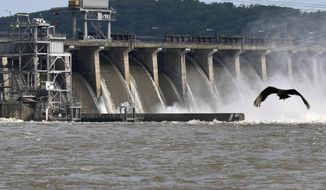 FILE - In this May 16, 2019, file photo, water flows through Conowingo Dam, a hydroelectric dam spanning the lower Susquehanna River near Conowingo, Md. Maryland Gov. Larry Hogan is announcing an agreement with Exelon that requires the company to invest more than $200 million in environmental projects. Hogan said Tuesday, Oct. 29, 2019, the money in the proposed settlement will be used to improve water quality in the lower Susquehanna River and the Chesapeake Bay. (AP Photo/Steve Ruark, File)