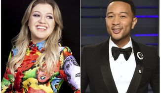 This combination photo shows singer and talk show host Kelly Clarkson during a portrait session in Los Angeles to promote her animated film &amp;quot;Uglydolls&amp;quot; in April 14, 2019, left, and singer John Legend at the Vanity Fair Oscar Party in Beverly Hills, Calif. on Feb. 24, 2019. Clarkson and Legend have joined forces on a reimagined version of the oft-criticized Christmas classic “Baby It’s Cold Outside.” (AP Photo)