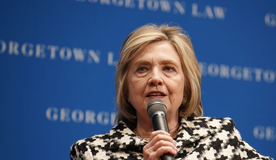 Former Secretary of State Hillary Clinton speaks, Wednesday, Oct. 30, 2019, at Georgetown Law&#39;s second annual Ruth Bader Ginsburg Lecture, in Washington. (AP Photo/Jacquelyn Martin)  ** FILE **