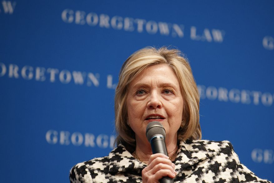 Former Secretary of State Hillary Clinton speaks, Wednesday, Oct. 30, 2019, at Georgetown Law&#x27;s second annual Ruth Bader Ginsburg Lecture, in Washington. (AP Photo/Jacquelyn Martin)  ** FILE **