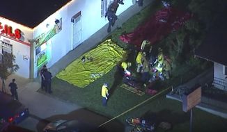 In this aerial image made from video shows the scene where emergency workers have cordoned off an area to deal with victims of a shooting, early Wednesday, Oct. 30, 2019, in Long Beach, Ca. (KABC via AP)
