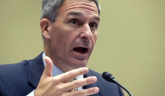 Ken Cuccinelli, Acting Director, U.S. Citizenship and Immigration Services, U.S. Department of Homeland Security testifies during House Oversight subcommittee hearing on deportation of critically ill children on Capitol Hill in Washington, on Wednesday, Oct. 30, 2019. (AP Photo/Jose Luis Magana)