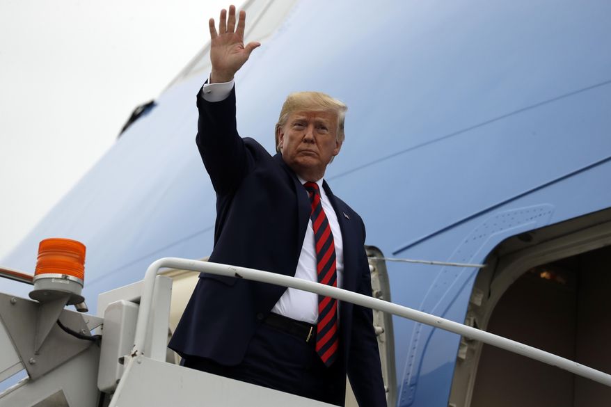 President Donald Trump departs O'Hare International Airport after speaking at the International Association of Chiefs of Police Annual Conference and Exposition, Monday, Oct. 28, 2019, in Chicago. (AP Photo/Evan Vucci)