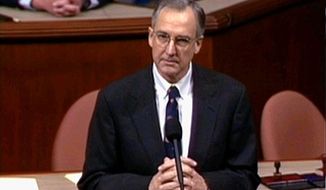 FILE - In this Dec. 19, 1998, file image from video, then-House Speaker nominee Rep. Bob Livingston, R-La., speaks during the House session in Washington, during debate on the four articles of impeachment against President Clinton. Impeachment is back, and so is Livingston. The former congressman who abruptly resigned on the same day the House impeached President Bill Clinton made an improbable return Wednesday, Oct. 30, 2019, as a figure in the sequel — the drive to impeach President Donald Trump. The connection stunned official Washington, home of long memories for scandal, grudges and political payback. (AP Photo/APTN, File)