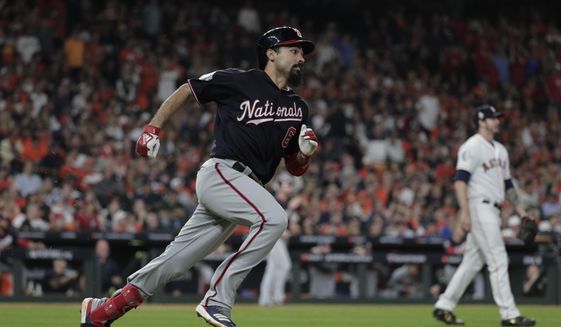 Washington Nationals&#39; Anthony Rendon hits a double during the ninth inning of Game 6 of the baseball World Series against the Houston Astros Tuesday, Oct. 29, 2019, in Houston. (AP Photo/David J. Phillip) ** FILE **