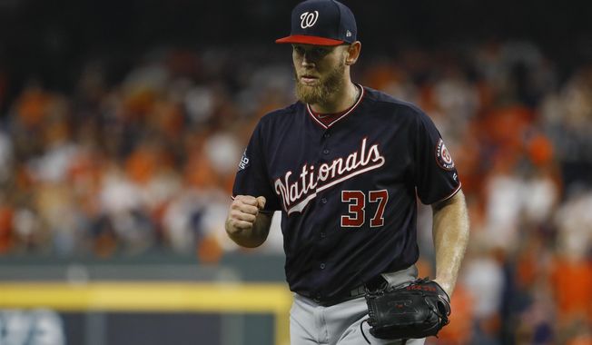 Washington Nationals starting pitcher Stephen Strasburg reacts after Houston Astros&#x27; Michael Brantley grounded out to end the fifth inning of Game 6 of the baseball World Series Tuesday, Oct. 29, 2019, in Houston. (AP Photo/Matt Slocum)