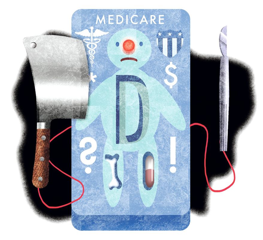 Illustration on dealing with Medicare Part D by Alexander Hunter/The Washington Times