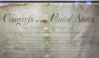 This view shows the top of  New Jersey&#x27;s original manuscript Bill of Rights on display Thursday, Nov. 20, 2008, in Trenton, N.J., as New Jersey marks the 219th anniversary of becoming the first state to ratify the Bill of Rights on Nov. 20, 1789. The Bill of Rights became the first 10 amendments to the United States Constitution.   (AP Photo/Mel Evans)