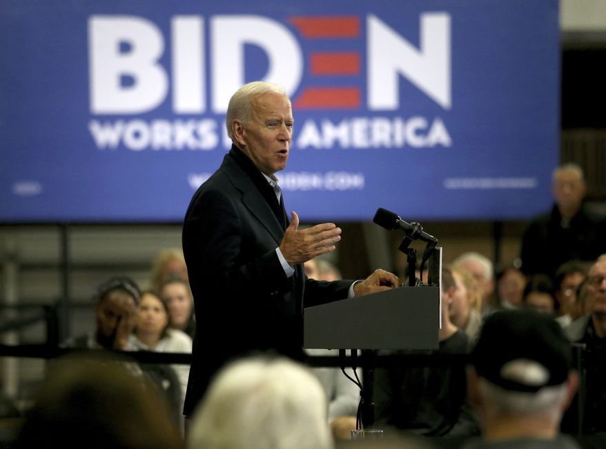 Democratic presidential candidate and former Vice President Joe Biden speaks during a campaign stop at Loras College in Dubuque on Wednesday, Oct. 30, 2019. (Telegraph Herald via AP)