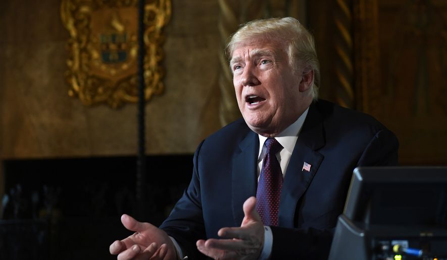 In this Thursday, Nov. 22, 2018, file photo, President Donald Trump speaks to reporters following his teleconference with troops from his Mar-a-Lago estate in Palm Beach, Fla. (AP Photo/Susan Walsh, File)