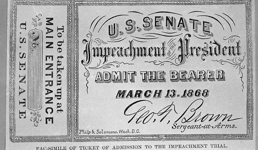 FILE - In this Feb. 15, 1974, a  facsimile of a ticket used during the impeachment trial of Andrew Johnson is photographed in Washington. As House Democrats quickly move forward with impeachment proceedings against President Donald Trump, much remains unknown about how a Senate trial would a proceed, including what the charges would be. (AP Photo/Charles Tasnadi, File)