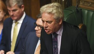 The Speaker of the House of Commons John Bercow speaks to lawmakers during an election debate in the House of Commons, London, Monday Oct. 28, 2019.  Lawmakers on Monday rejected Johnson&#x27;s call for a December national election, in the hope of breaking the political deadlock over Brexit. (Jessica Taylor/House of Commons via AP)