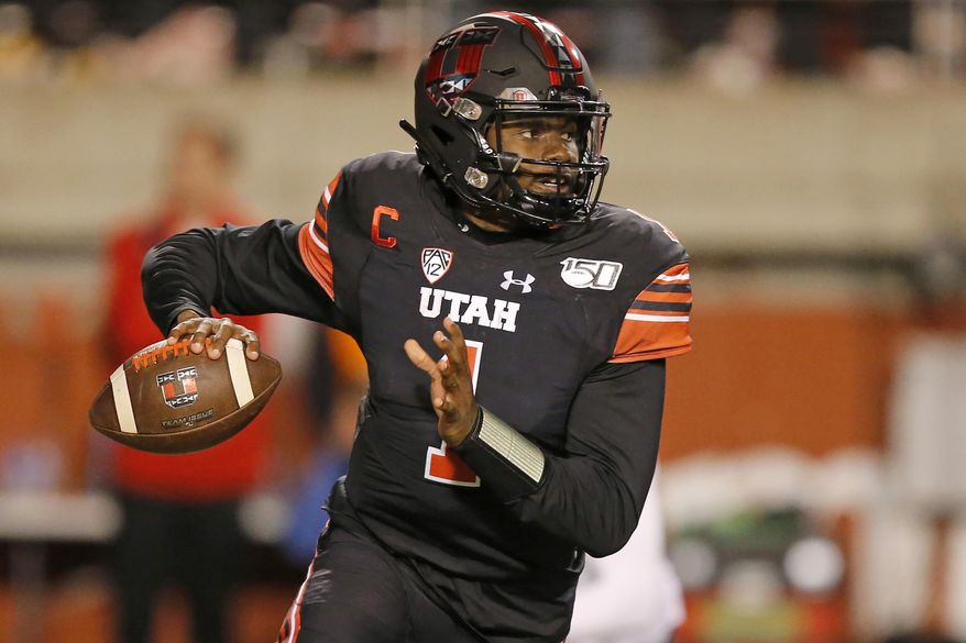 Utah quarterback Tyler Huntley (1) looks down field in the first half of an NCAA college football game against California Saturday, Oct. 26, 2019, in Salt Lake City. (AP Photo/Rick Bowmer)