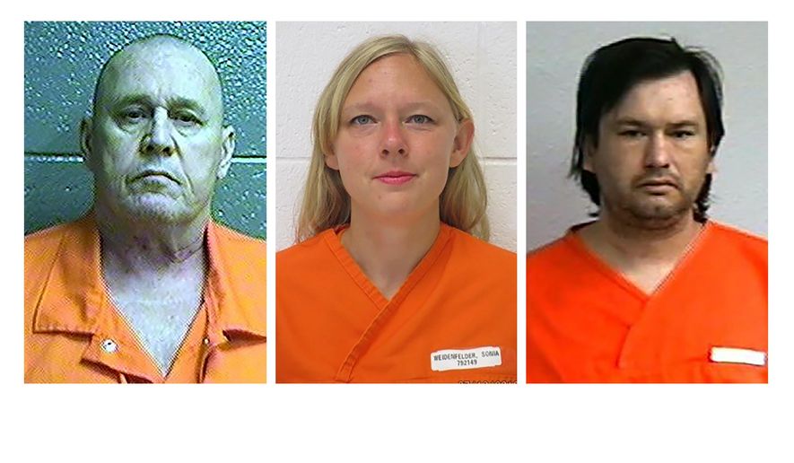 In this undated combination of three booking photos provided by the Oklahoma Department of Corrections are from left, James Rex Clark, Sonia Weidenfelder, and Richard Patrick Spaulding. The Oklahoma Court of Appeals Thursday, Oct. 31, 2019 has upheld two separate murder convictions, including that of Clark who was convicted of killing his adopted 9-year-old son who was also his nephew, who hasn't been seen since in 2006. The court also upheld the convictions of Richard Patrick Spaulding and Sonia Weidenfelder in the 2016 fatal shooting of 39-year-old Debra Lynn Morgan in Broken Arrow during a child custody dispute between Spaulding and Morgan. (Oklahoma Department of Corrections via AP)