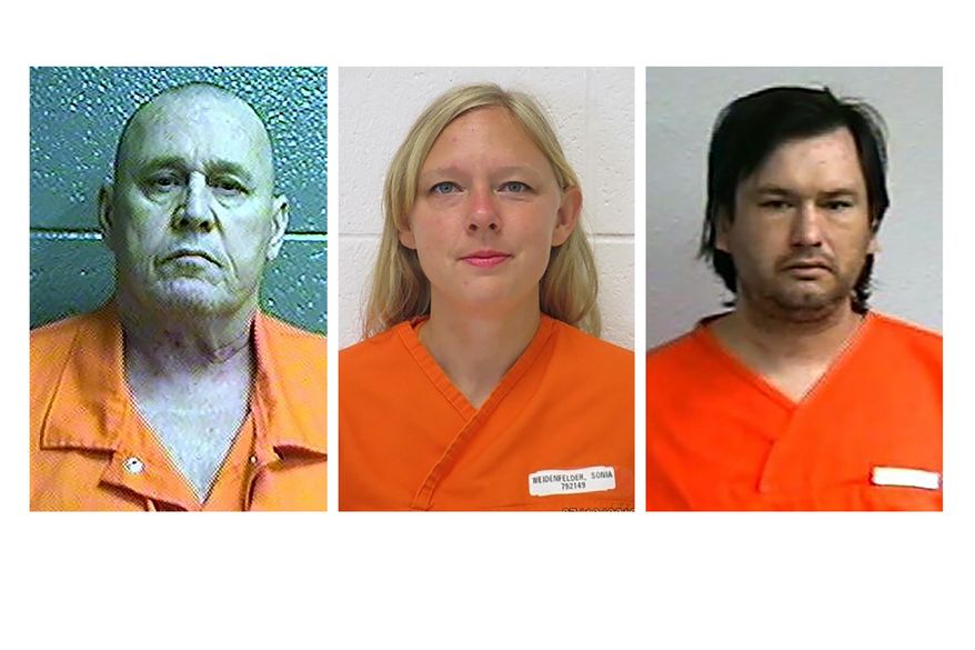 In this undated combination of three booking photos provided by the Oklahoma Department of Corrections are from left, James Rex Clark, Sonia Weidenfelder, and Richard Patrick Spaulding. The Oklahoma Court of Appeals Thursday, Oct. 31, 2019 has upheld two separate murder convictions, including that of Clark who was convicted of killing his adopted 9-year-old son who was also his nephew, who hasn't been seen since in 2006. The court also upheld the convictions of Richard Patrick Spaulding and Sonia Weidenfelder in the 2016 fatal shooting of 39-year-old Debra Lynn Morgan in Broken Arrow during a child custody dispute between Spaulding and Morgan. (Oklahoma Department of Corrections via AP)