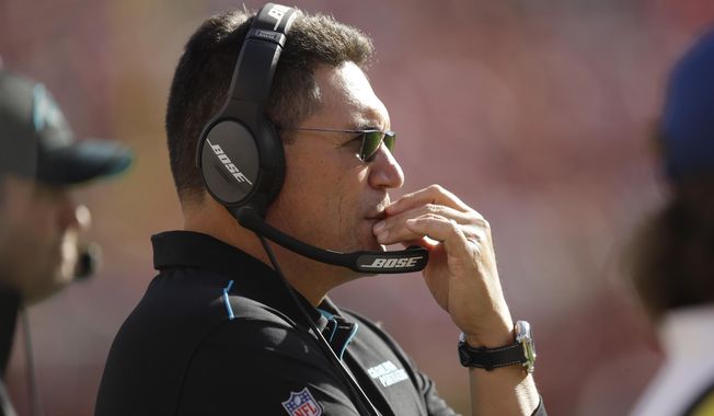 Carolina Panthers head coach Ron Rivera stands on the sidelines during the second half of an NFL football game against the San Francisco 49ers in Santa Clara, Calif., Sunday, Oct. 27, 2019. (AP Photo/Ben Margot)