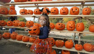 In this Saturday, Oct. 26, 2019 photo a little girl carries the pumpkin she carved in Bucharest, Romania. The Halloween Pumpkin Fest, &amp;quot;the biggest pumpkin carving event in Europe&amp;quot;, according to organizers, took place over the weekend in a popular park in the Romanian capital with thousands trying their hand at carving more than 30 thousand pumpkins ahead of Halloween.(AP Photo/Vadim Ghirda)