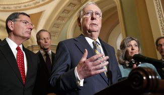 Senate Majority Leader Mitch McConnell of Ky., speaks to the media with members of the Senate Republican leadership, from left, Sen. John Barrasso, R-Wyo., Sen. John Thune, R-S.D., McConnell, and Sen. Joni Ernst, R-Iowa, Tuesday, Oct. 29, 2019, after their weekly policy luncheon on Capitol Hill in Washington. (AP Photo/Jacquelyn Martin)
