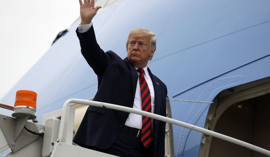 President Donald Trump departs O&#39;Hare International Airport after speaking at the International Association of Chiefs of Police Annual Conference and Exposition, Monday, Oct. 28, 2019, in Chicago. (AP Photo/Evan Vucci)