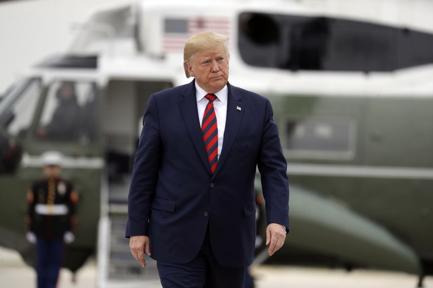 President Donald Trump departs O'Hare International Airport after speaking at the International Association of Chiefs of Police Annual Conference and Exposition, Monday, Oct. 28, 2019, in Chicago. (AP Photo/Evan Vucci)