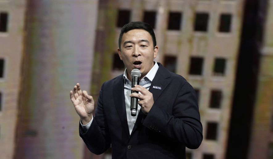 Democratic presidential candidate entrepreneur Andrew Yang speaks during the Iowa Democratic Party&#x27;s Liberty and Justice Celebration, Friday, Nov. 1, 2019, in Des Moines, Iowa. (AP Photo/Nati Harnik)