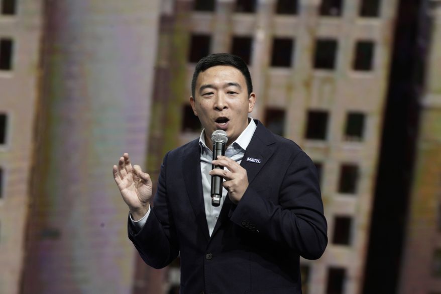 Democratic presidential candidate entrepreneur Andrew Yang speaks during the Iowa Democratic Party's Liberty and Justice Celebration, Friday, Nov. 1, 2019, in Des Moines, Iowa. (AP Photo/Nati Harnik)
