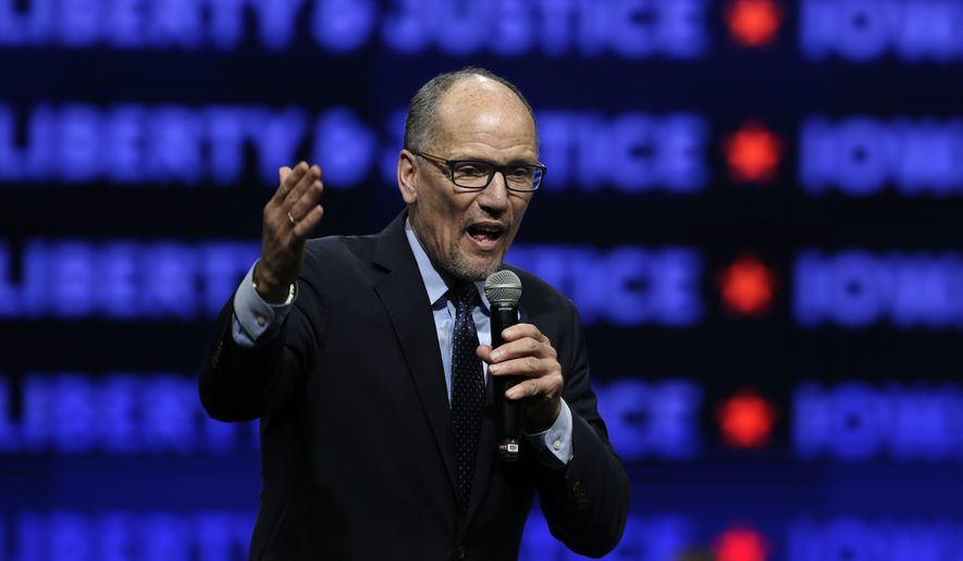 Democratic National Committee Chair Tom Perez speaks during the Iowa Democratic Party's Liberty and Justice Celebration, Friday, Nov. 1, 2019, in Des Moines, Iowa. (AP Photo/Nati Harnik)