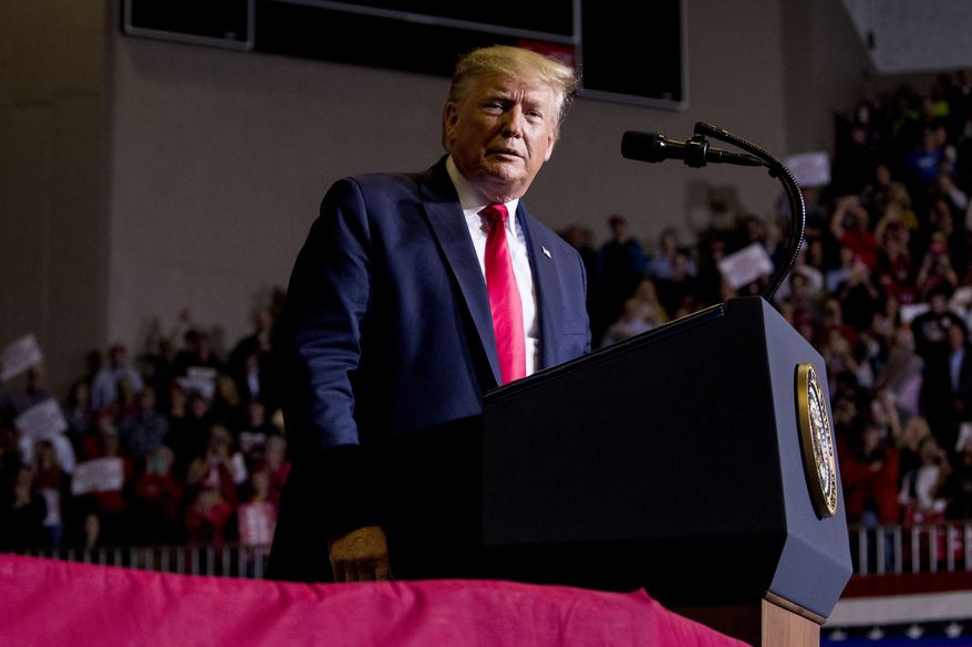 President Donald Trump pauses while speaking at a rally at BancorpSouth Arena in Tupelo, Miss., Friday, Nov. 1, 2019. (AP Photo/Andrew Harnik)