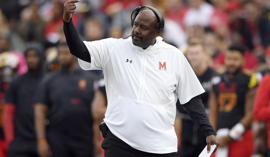FILE - In this Saturday, Oct. 19, 2019, file photo, Maryland head coach Mike Locksley gestures during the first half of an NCAA football game against Indiana in College Park, Md. In his first year at Maryland, Locksley has formed a close rapport with his players. Although the Terrapins (3-4, 1-3) have dropped four of five and appeared destined for a fourth consecutive losing season, no one has asked for a redshirt. (AP Photo/Nick Wass, File)