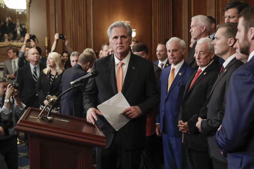 House Minority Leader Kevin McCarthy of Calif., center, is joined by fellow Republican lawmakers as he walks up to the podium to begin speaking during a news conference on Capitol Hill in Washington, Thursday, Oct. 31, 2019. Democrats pushed a package of ground rules for their inquiry of President Donald Trump through a sharply divided House, the chamber&#39;s first formal vote in a fight that could stretch into 2020 election. (AP Photo/Pablo Martinez Monsivais)