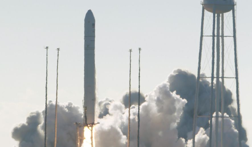 Northrop Grumman&#x27;s Antares rocket lift off the launch pad at NASA Wallops Flight facility in Wallops Island, Va., Saturday, Nov. 2, 2019. The rocket is carrying a Cygnus spacecraft carrying supplies to the International Space Station. (AP Photo/Steve Helber)